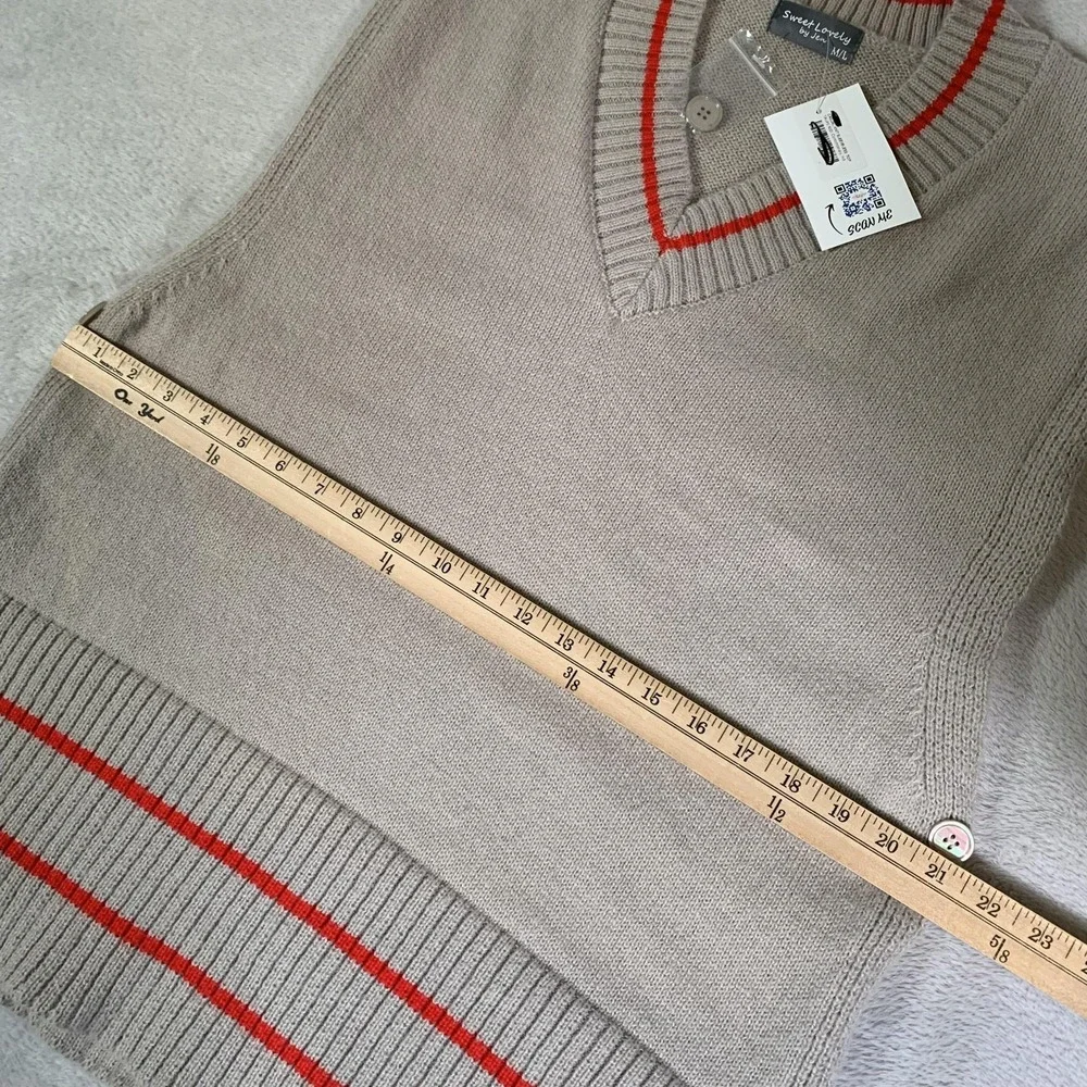 Sweet Lovely By Jen Sweater Vest Womens M/L Beige Taupe V Neck Striped Knit NEW - Picture 7 of 11